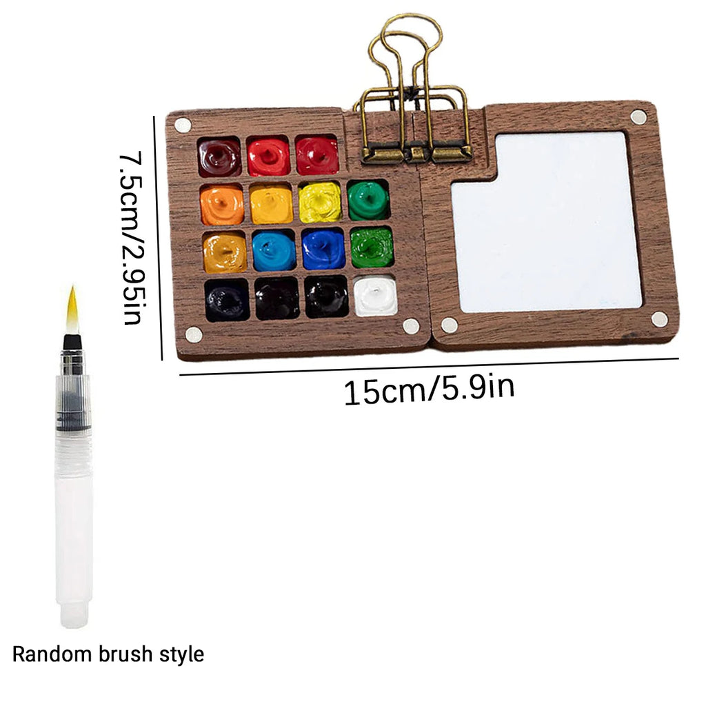 Mini Wooden Watercolor Palette Set – 8/15 Grid with Brushes