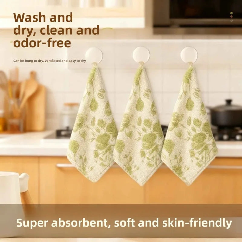 Coral Kitchen Dish Cloths Soft Thick Reusable Green Rose Pattern
