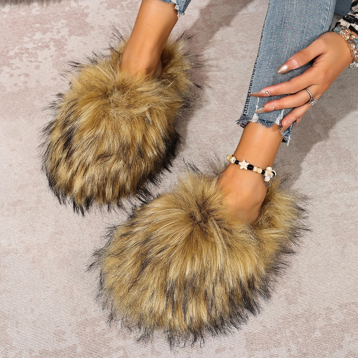 Winter Luxury Outdoor Anti Slip Slippers Women Soft Flat Bottom Slides Women Fashion Fur Slippers Fluffy Cute Plush Women Shoes Zpaxo Brown 40-41