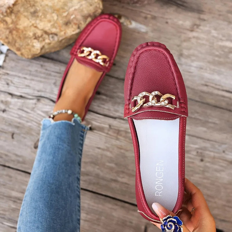 Women's Casual Metal Chain Decoration Single Shoes Spring Autumn Zpaxo dark red 37