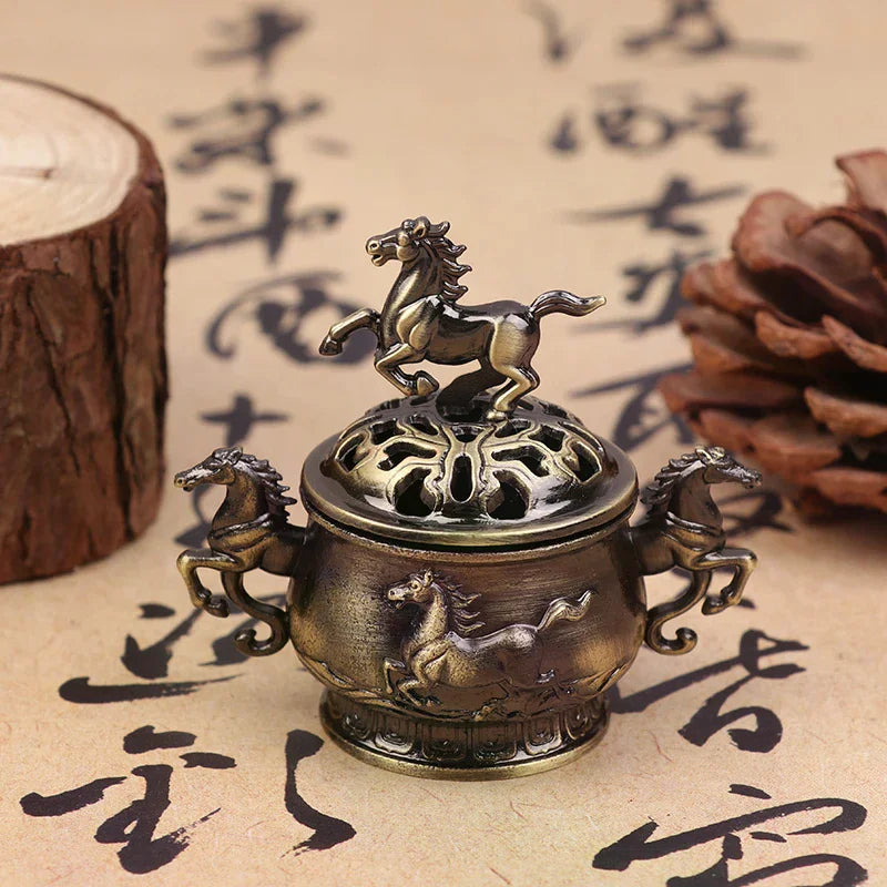 Vintage Alloy Incense Burner Horse Lucky Hollow Lotus Censer Seashell Zpaxo