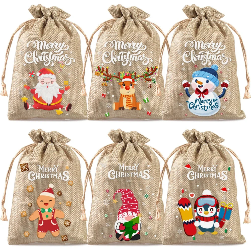 6PCS Christmas Linen Drawstring Bags Candy Biscuits Pouchs Burlap Bracelet Jewelry Storage Bags Xmas Kids Gift Packaging Bags yu Zpaxo C Other 10x15cm
