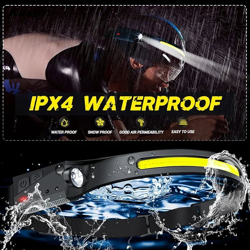 COB LED Rechargeable Headlamp – Motion Sensor, 6 Modes, IPX4