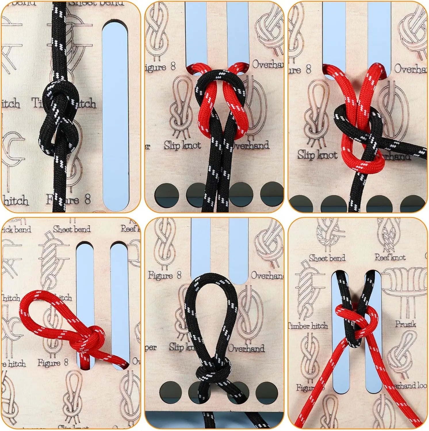 Wooden Knot Tying Practice Board – 16 Knots & 3 Paracords