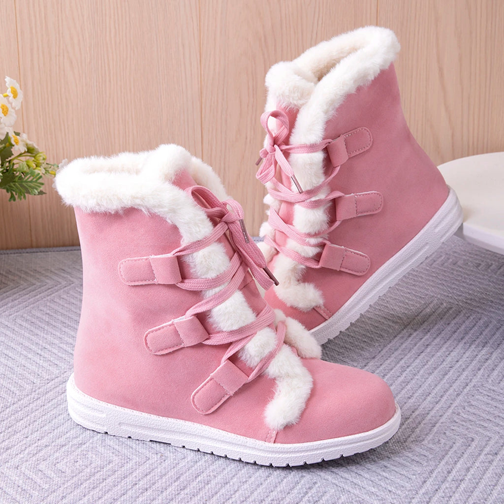 Women Shoes Winter New Plush Waterproof Anti-Slip Women Snow Boots Thermal Insulation Lace Up Outdoor Mid Calf Boots for Women Zpaxo