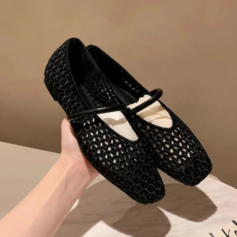 Flat Shoes for Women Spring and Autumn New French Square Toe Hollow Woven Flat Belt Breathable Beach Shallow Mouth Ladies Shoe Zpaxo