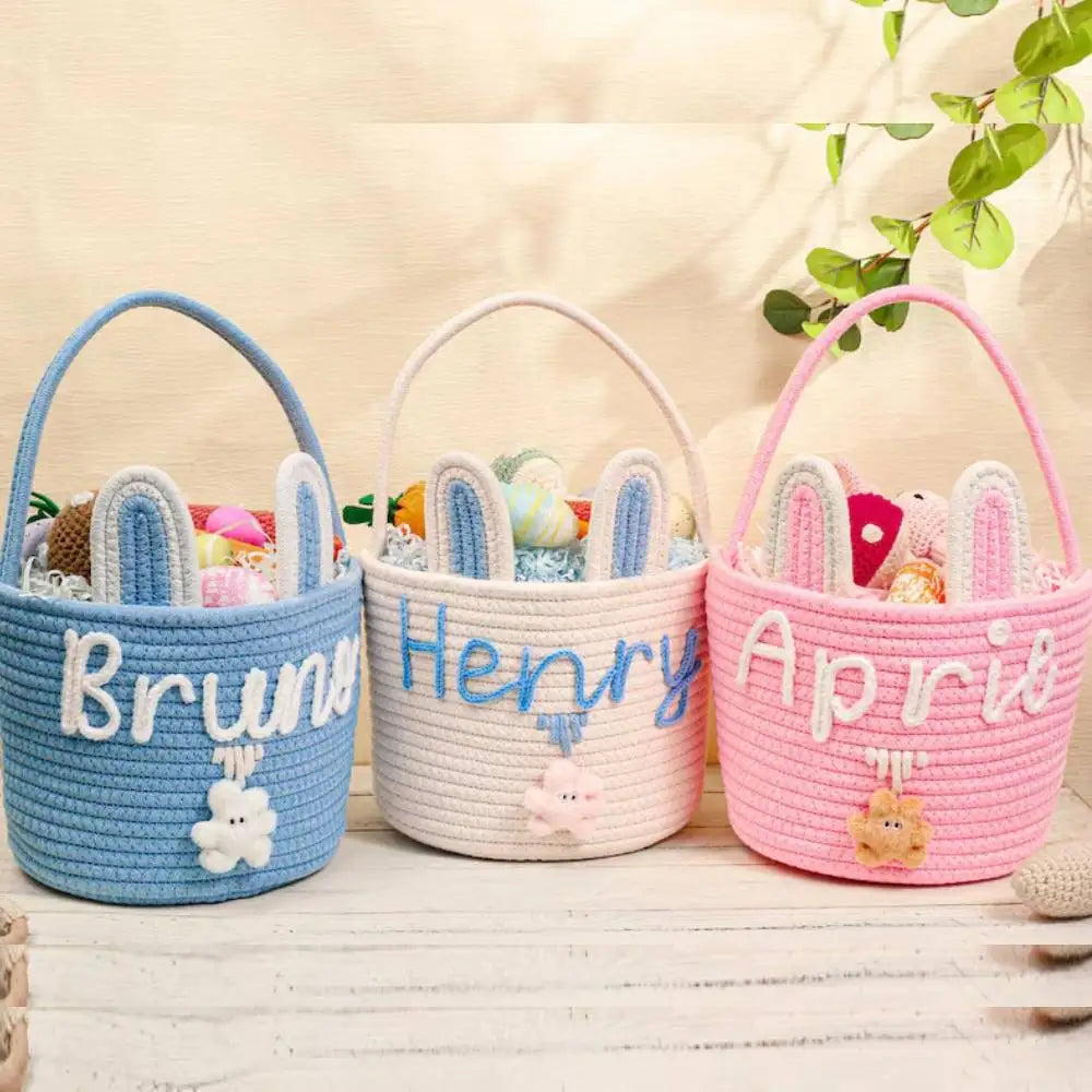 Easter Bunny Basket For Kids Boys Girls Easter Eggs Hunt Basket Reusable Cotton Rope Basket With Rabbit Ears Baby Shower Gifts Zpaxo