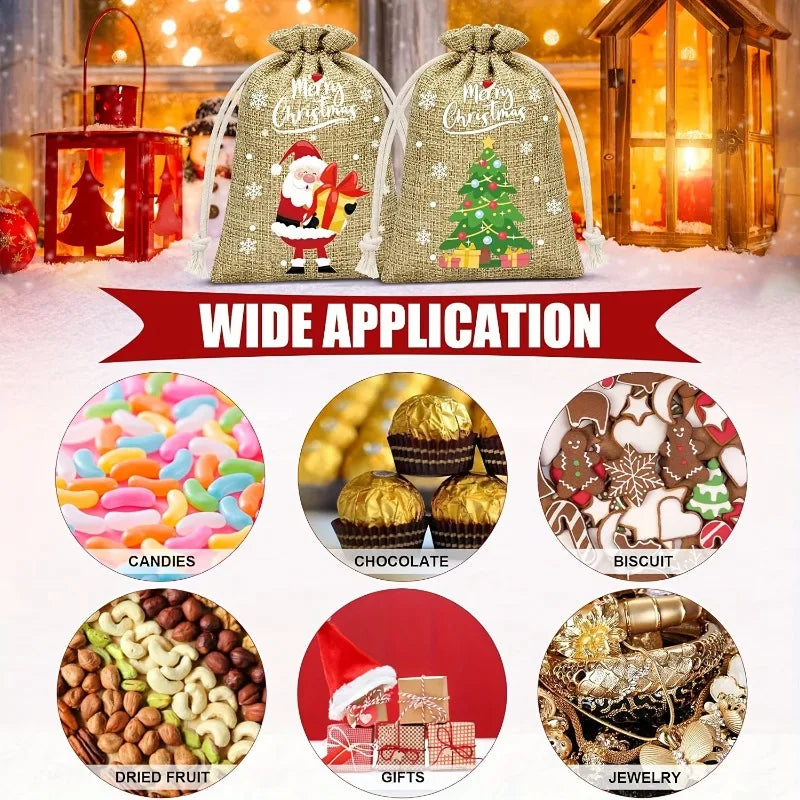 Christmas Burlap Bags Drawstring Linen Sacks Reindeer Tree Designs