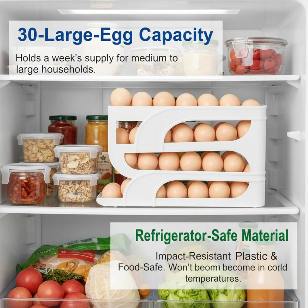 4-Tier Rolling Egg Holder – 18-Egg Auto-Feed Fridge Organizer