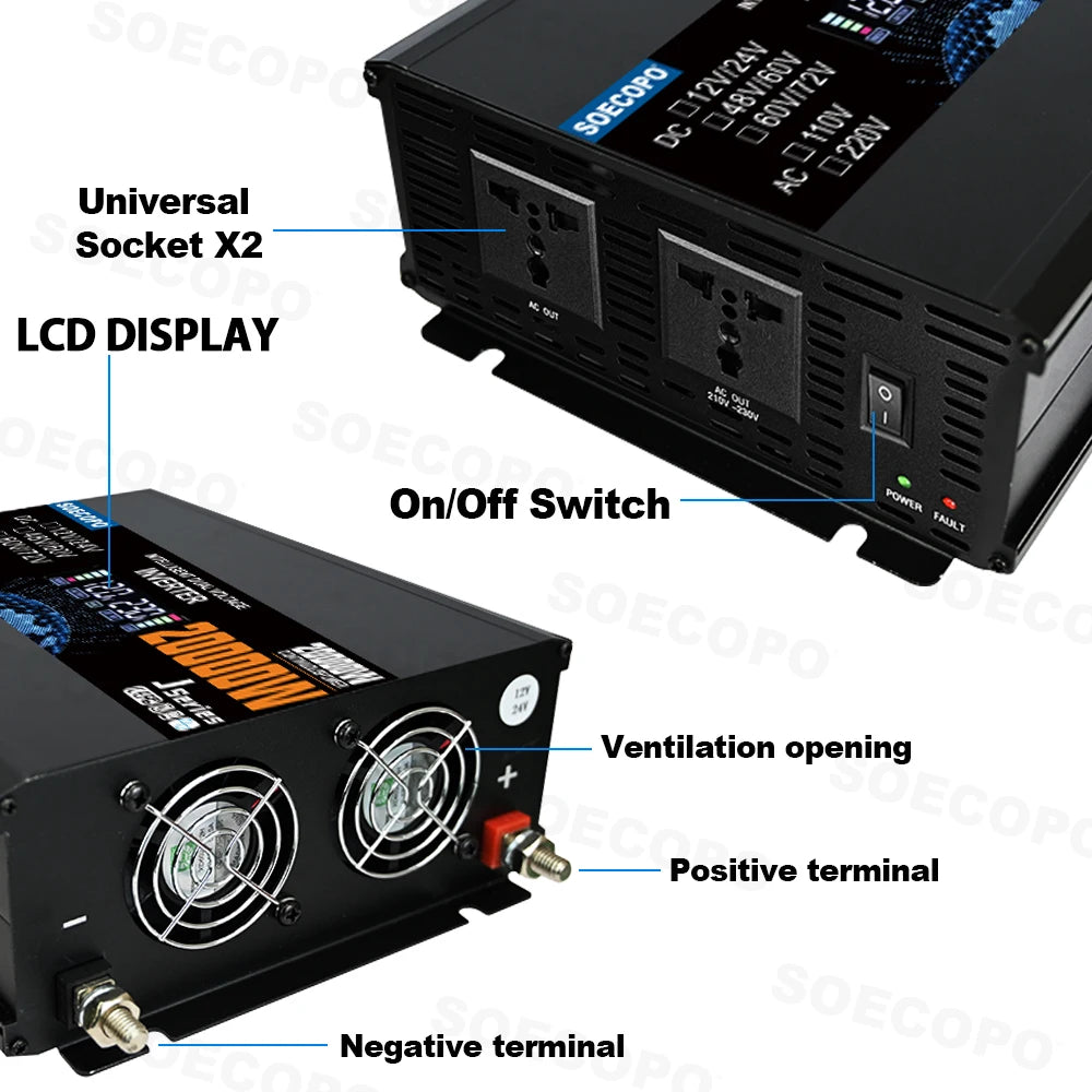 20000W Smart Inverter Dual Voltage Input Solar Current Inverter DC 12V/24V 48V/60V 60V/72V To AC 110/220V Home Camping Zpaxo