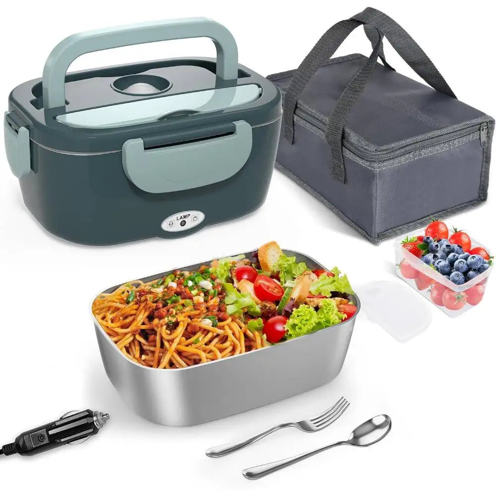 EU Lunch Box Food Heater Leakproof Portable Food Warmer Heated Lunch Box for Car Home Truck Stainless Steel Container 12V 24V Zpaxo JRFH-Dark Green-C