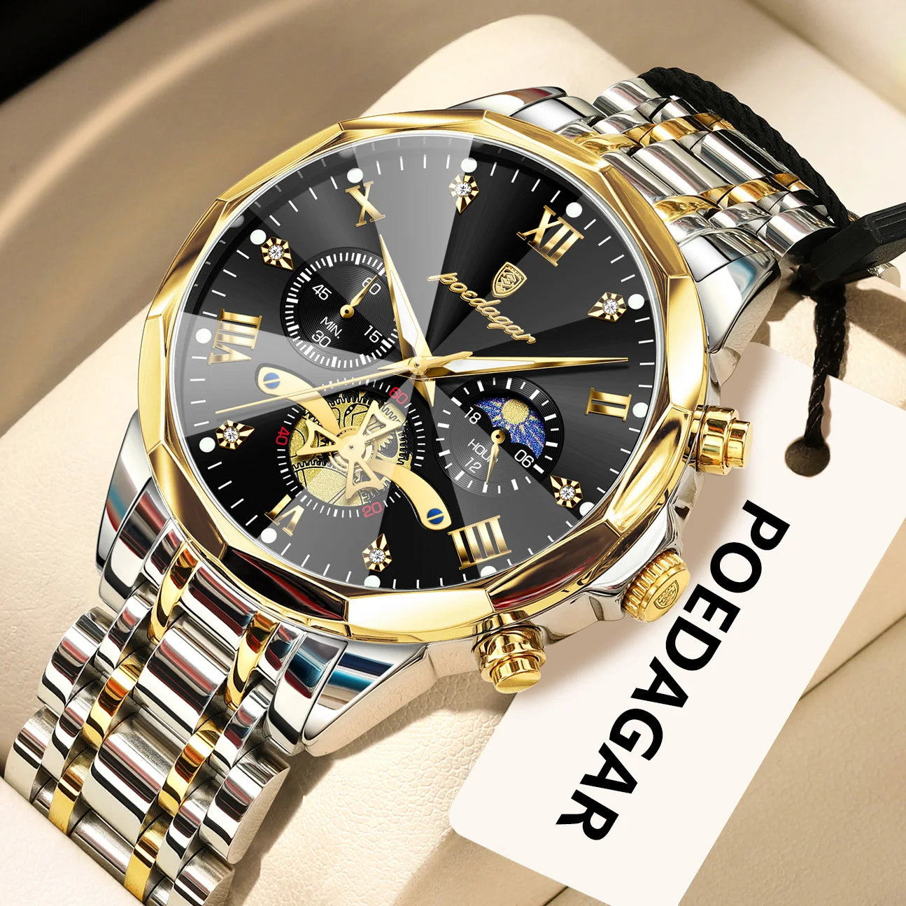 POEDAGAR Luxury Original Men Watch Waterproof Luminous Chronograph Man Wristwatch Stainless Steel Quartz Top Men's Watches Reloj Zpaxo 938 Gold Gold Black