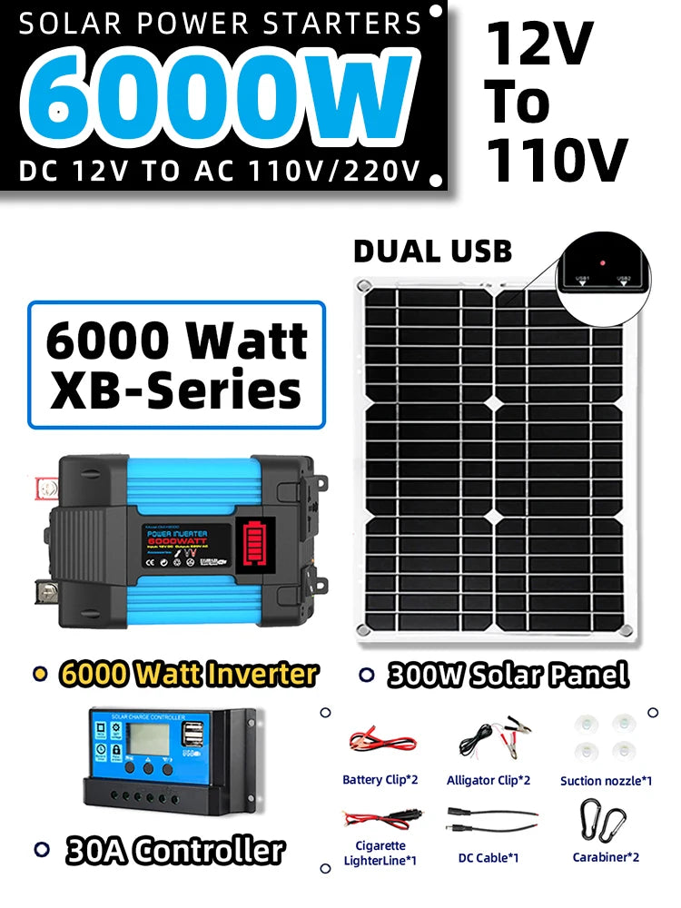12V To 110V/220V Solar Panel System 600WSolar Panel Battery Charge Controller 6000W Solar Inverter Kit Complete Power Generation Zpaxo Blue110V 6000W