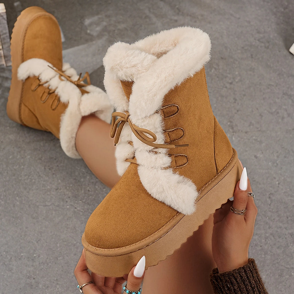 2025 New Women Boots Thick Bottom Warm Mid-Calf Boots Korean Style Furry Winter Snow Boots Women Lace-Up Cotton Shoes for Women Zpaxo Camel 40