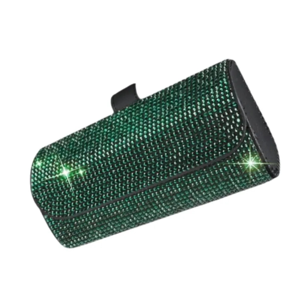 Portable Bling Sun Visor Glasses Case Rhinestone PU Leather Car Eyeglasses Holder Crystal Luxury Sunglasses Storage Box Vehicle Zpaxo Green