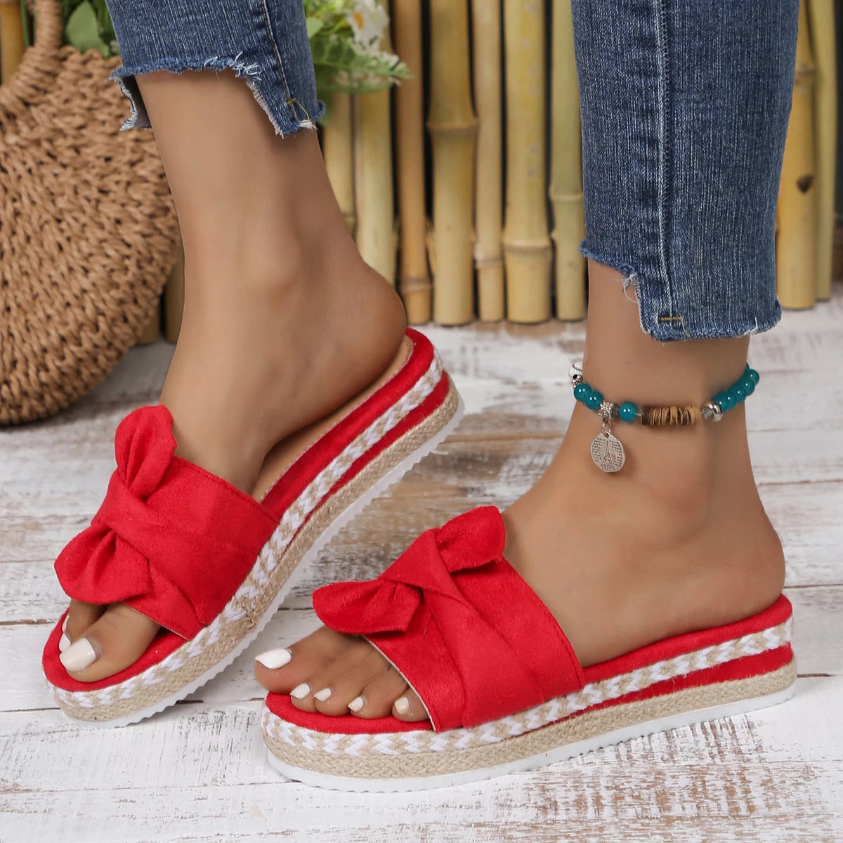 Women Bowknot Slippers Designer Weave Sandals Summer Casual Daily Slippers Comfy Slip on Platform Shoes Women Flats Slides Women Zpaxo Red 41