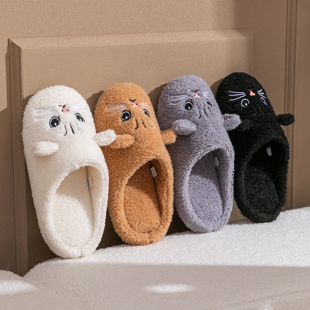 Women's Cartoon Cat Plush Slippers Cozy Winter Bedroom House Shoes
