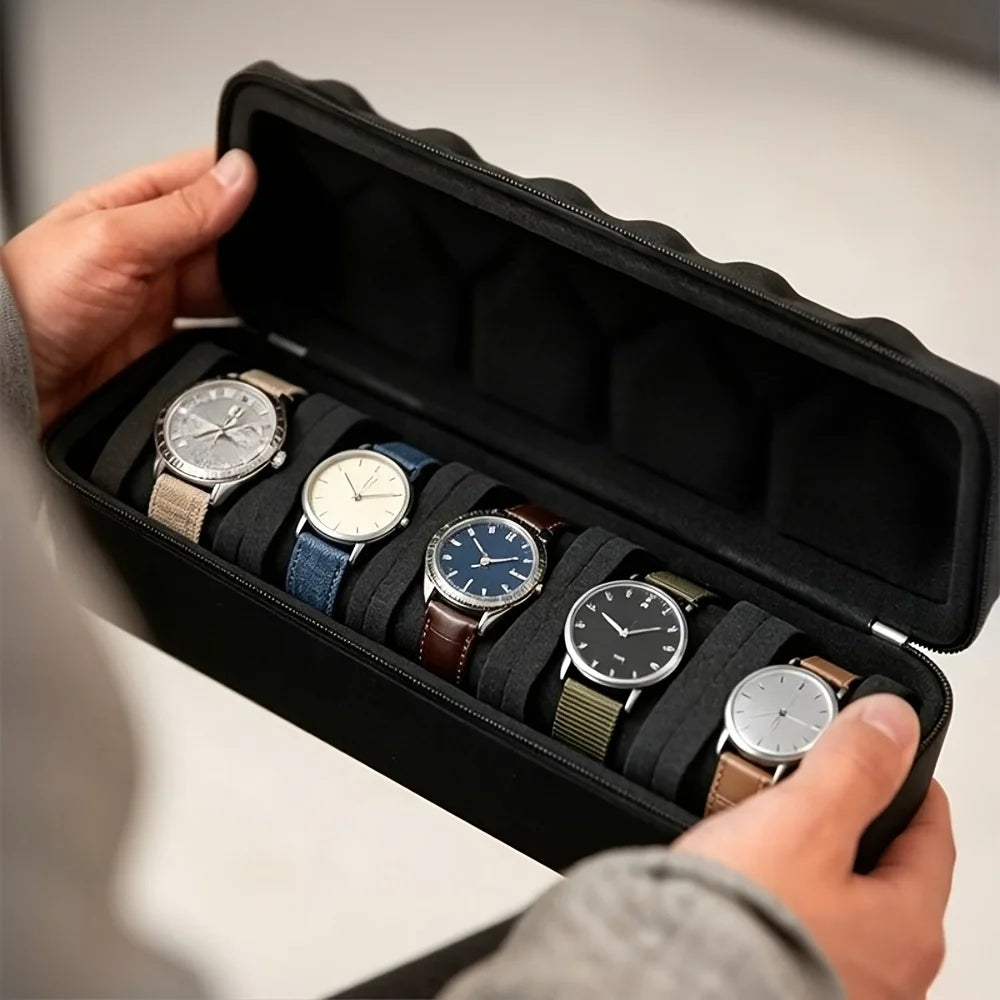 5-Watch Travel Case Luxurious Velvet Lining Foam Insert Safely Stores