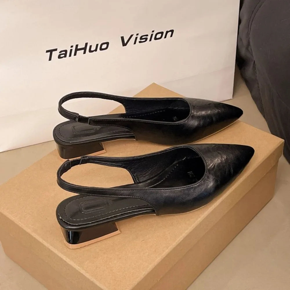 Women's Leather Pointed Toe Slingback Slip-on Flats Sandals Soft Zpaxo black 35