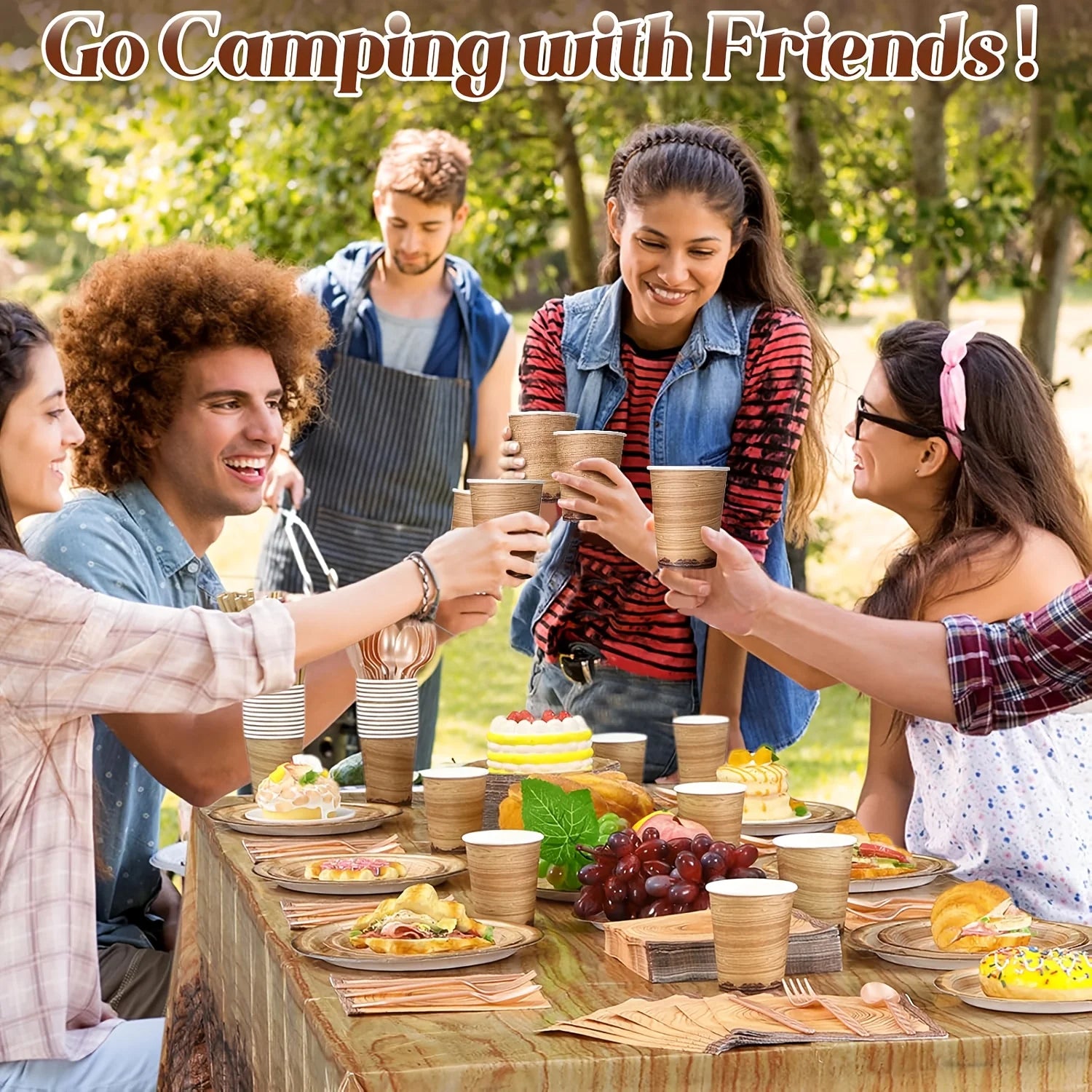 Camping Wood Grain Party Decorations Utensils Suitable Forest-themed