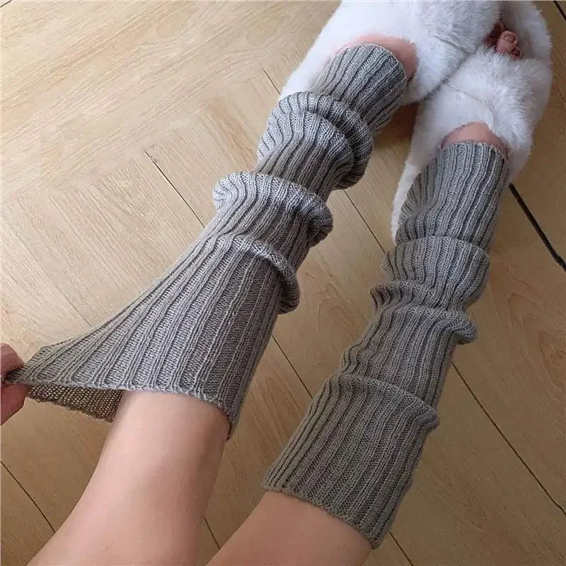Grey Slouchy Retro Knit Socks Harajuku Loose Leg Warmers Mid-calf JK
