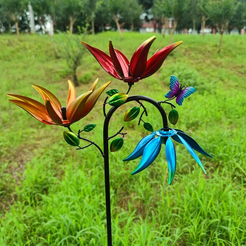 Metal Wind Spinner Flowers Butterflies Three Rotating Flower