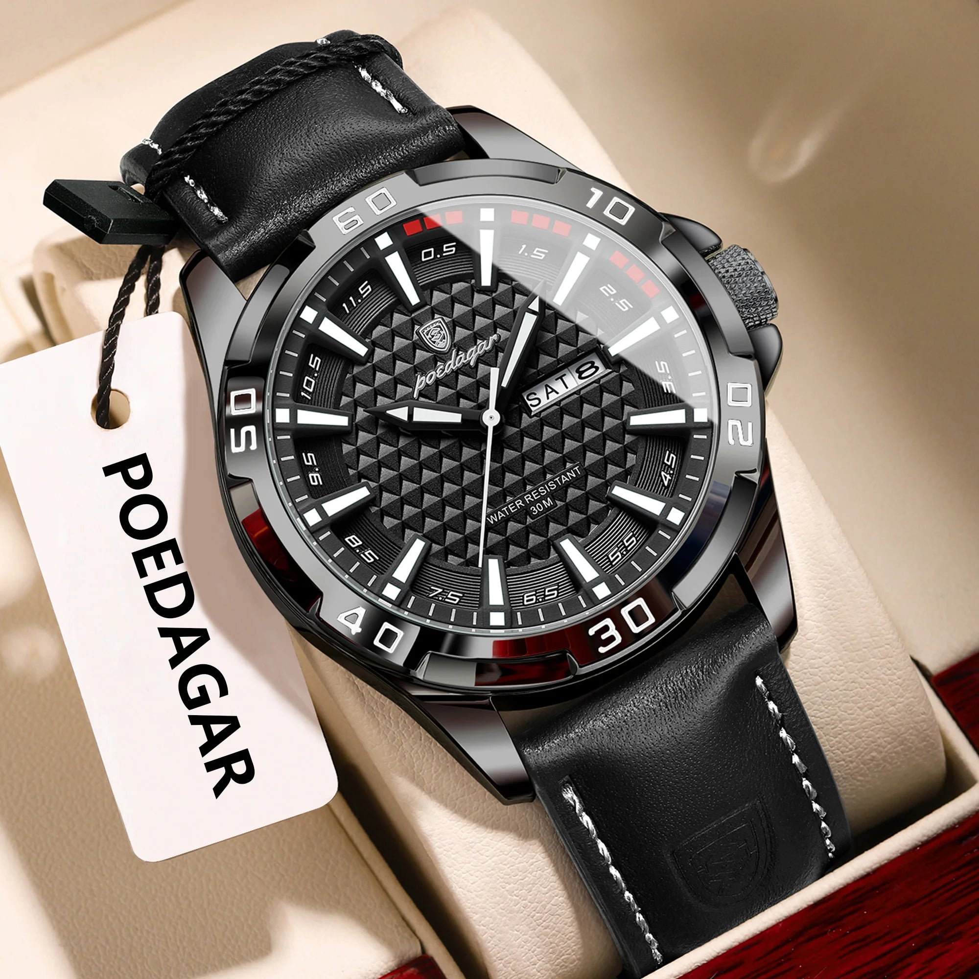 POEDAGAR Original Men Watch Luxury Waterproof Luminous Date Week Watch For Man Quartz Leather Fashion Men's Watches Reloj Hombre Zpaxo 895 Black White