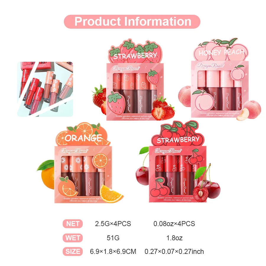 Mini Velvet Matte Lip Gloss Set, 4-Piece Non-Fading, Non-Stick Cup, Long-Lasting Fruit Scented Lip Tint, Smooth and Lightweight Zpaxo