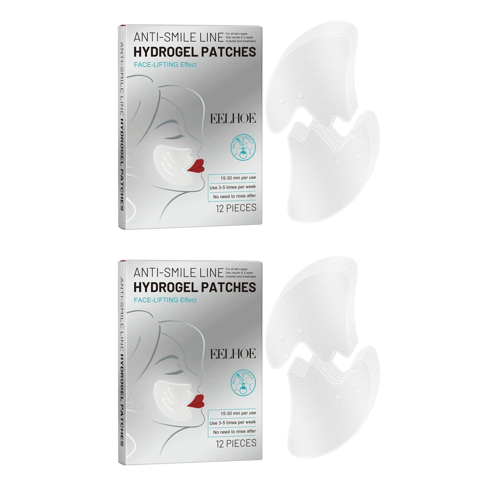 Eelhoe Smile Lines Patches – Nasolabial Fold Anti-Aging Mask Anti-Aging Face Patch Zpaxo 2 x 12Pcs Boxed