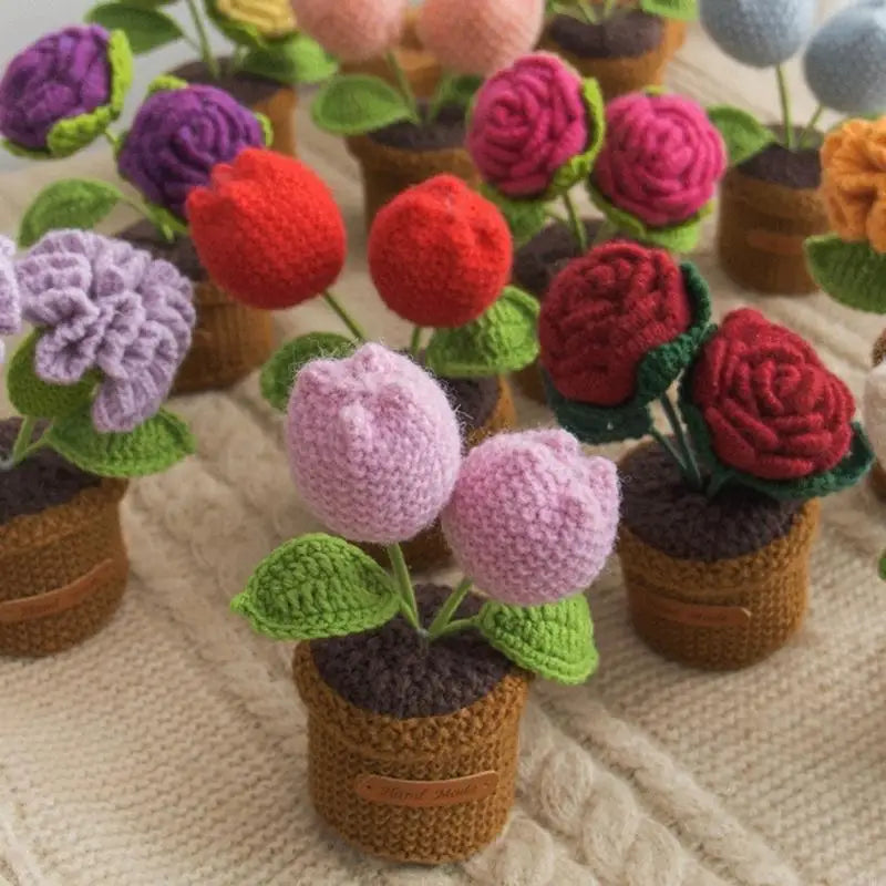 Hand Crocheted Rose Flower Potted Plant Decoration Home Office Desk