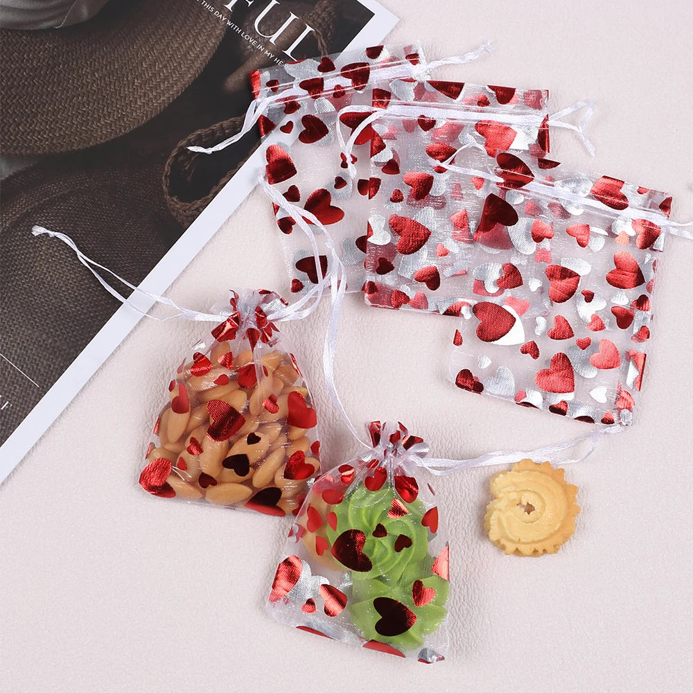 6/30/60/120Pcs Valentine's Day Red Heart Organza Bags Gift Bags Pouches Jewelry Candy Packaging Drawstring Bags for Wedding Zpaxo