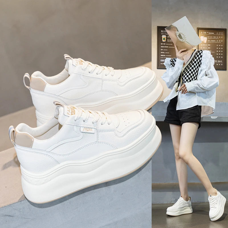 Womens White Leather Platform Sneakers Hidden Heel Lift Casual Low Zpaxo
