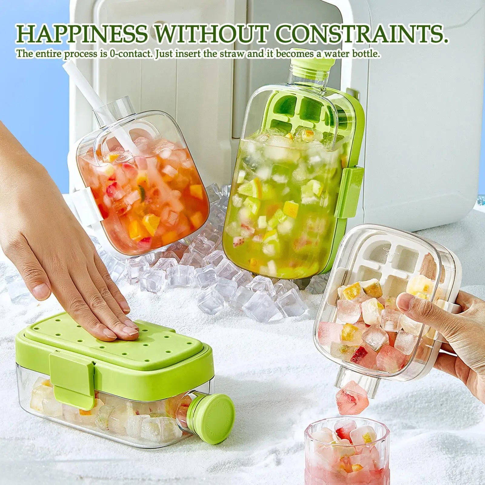 2-in-1 Ice Mold Bottle Press Cubes Maker Easy Release Tray Cup Straw