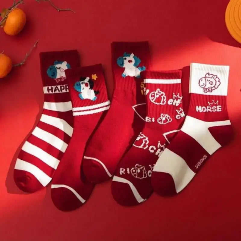 Cute Cartoon Zodiac Year Horse Autumn Winter Warm Mid-tube Socks Red Zpaxo