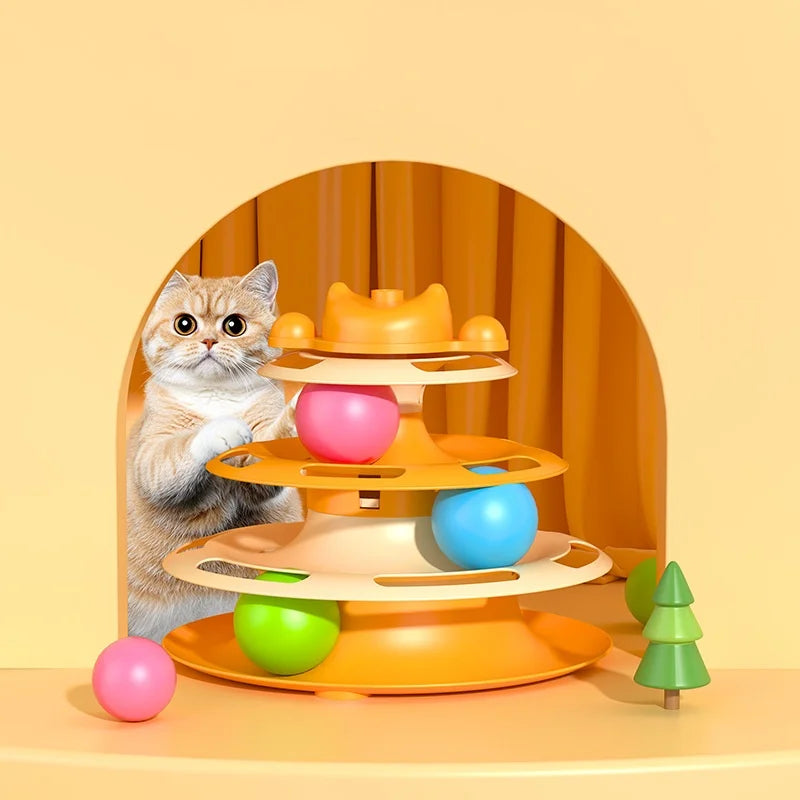 Pattern Feather Cat Toy, Three-layer Rotating Tower with Ball, Indoor Cat Interactive Fun&Christmas, New Year Pet Toys Zpaxo