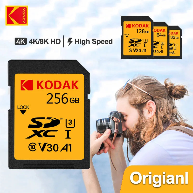 KODAK SD Card for Camera High Speed 100MB/s C10 Memory Card 32GB 64GB 128GB 256GB SDXC A1 U3 V30 UHS-I sdcards for 4K HD SLR DV Zpaxo