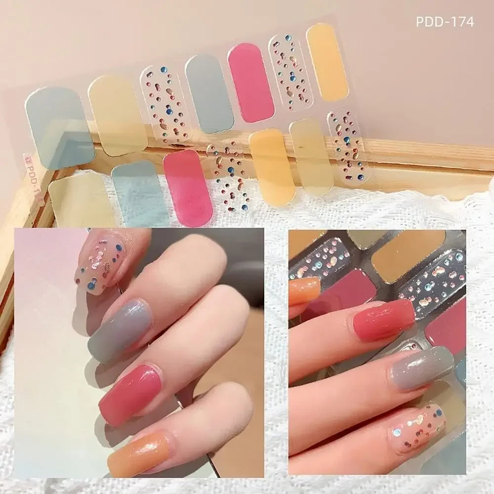 14Strips Gel Nail Stickers Full Cover Floristic Art Semi Cured Polish