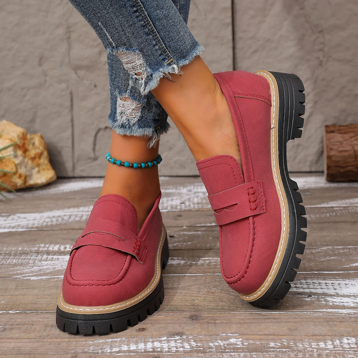 Women Outdoor Platform Loafers Thick Heel Slip on Shoes Spring Autumn British Style Shoes Woman Comfortable Flats Sneakers Women Zpaxo Red 38