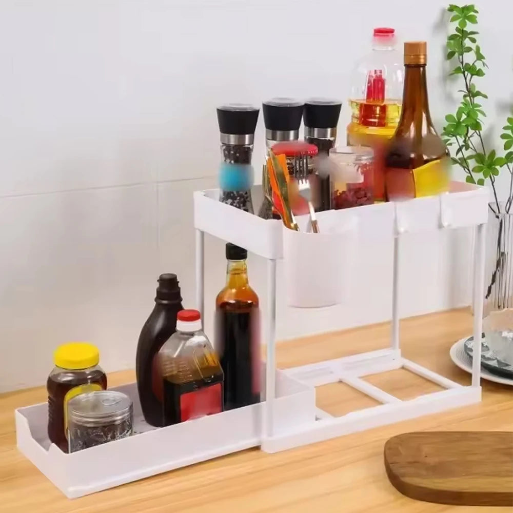 Under Sink Organizer Storage With Hooks 2-Tier Sliding Cabinet Basket Organizer Pull Out Sliding Drawer for Bathroom Kitchen Zpaxo