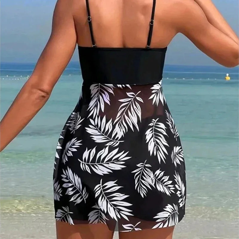Women's High Waist Bandeau Bikini Set – Mesh Print Beach Dress
