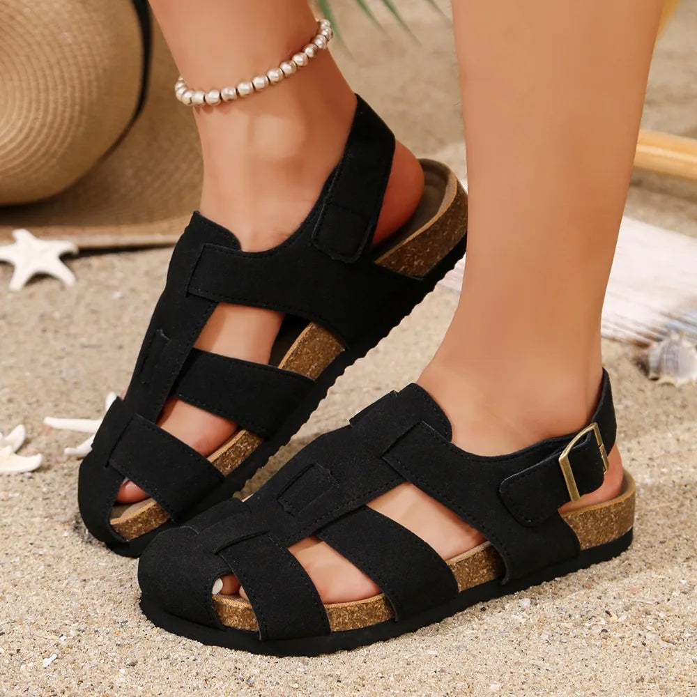 Women's Solid Retro Flat Sandals Summer Hollow Woven Baotou Roman