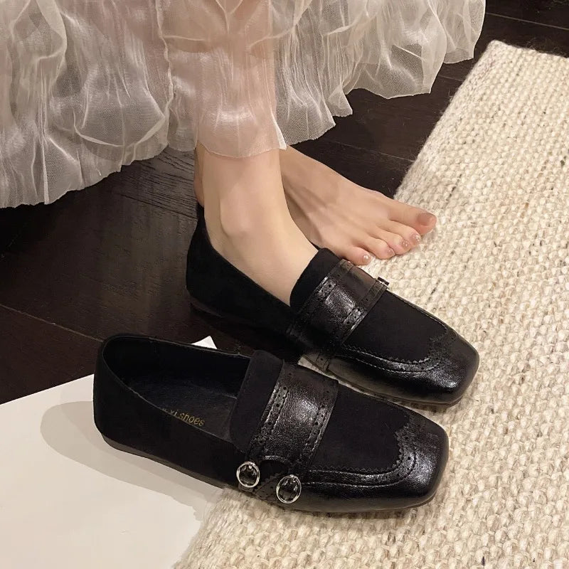 Square Toe Flat Loafers Women's 2026 Retro Pull-on Metal Belt Buckle Zpaxo