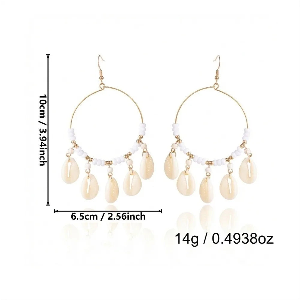 Summer Handmade Woven Hoop Earrings Boho Style Beaded Drop Earrings with Spotted Shell Beach Vacation Ear Pendant Women Jewelry Zpaxo