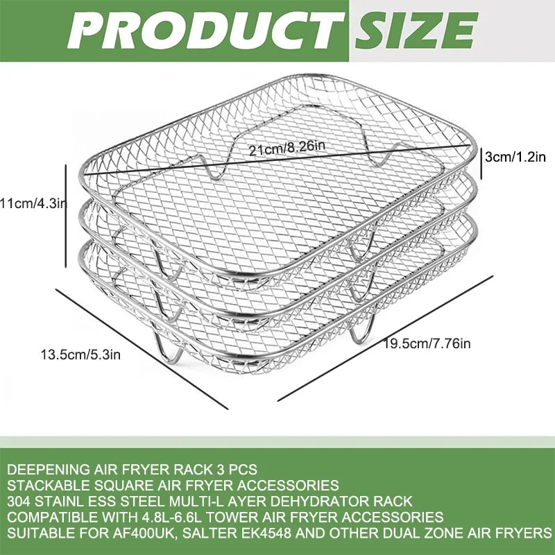 3-Layer Stackable Air Fryer Rack | 304 Stainless Steel Grill Air Fryer Rack Zpaxo 3-layers Rectangle