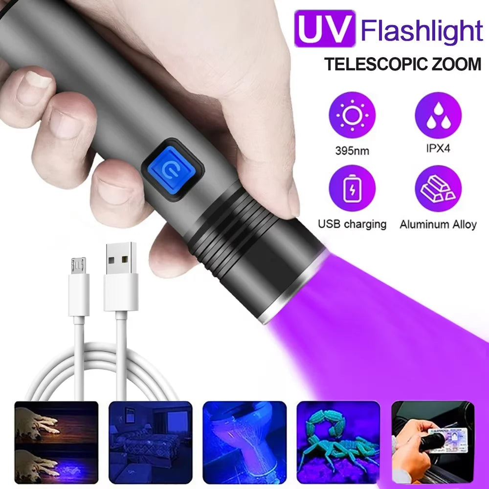 395nm UV Flashlight Blacklight Zoomable USB Rechargeable Light
