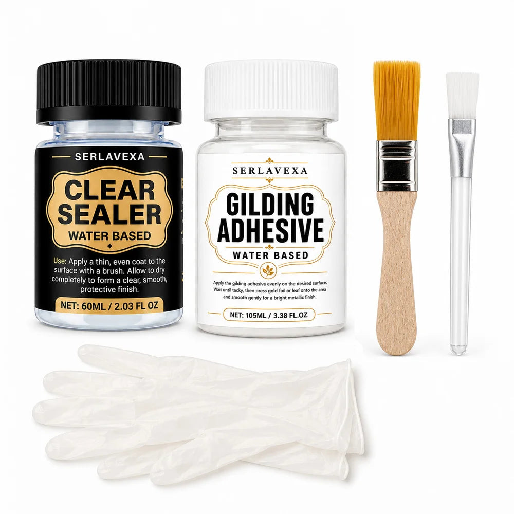 SIKEZHAN Gold Leaf Adhesive & Clear Sealer Kit, Gilding Glue for Wood & DIY Art, Crystal Finish, Brushes Gloves Kit, 105ml 60ml Zpaxo set 1