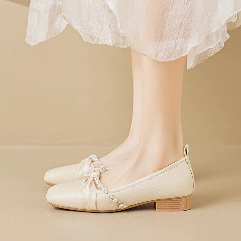 Women Chunky Heel Shoes Summer Square Toe Beaded Decor Versatile Zpaxo