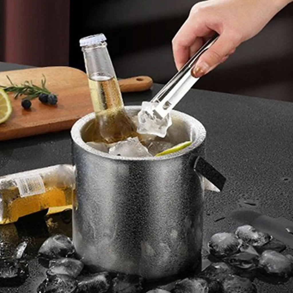 Ice Bucket Double-Walled Wine Cooler 1.3L Stainless Steel Insulated Ice Bucket with Tongs Handle and Strainer for Cocktail Zpaxo