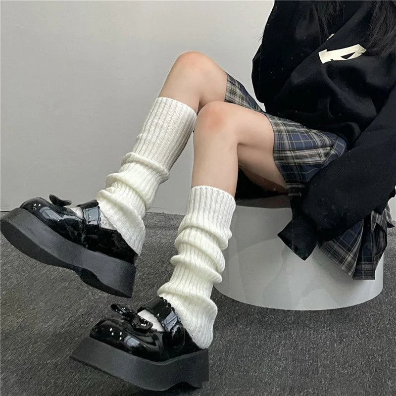Y2K Black Knitted Long Socks Autumn Winter Thicken Warm Foot Cover Zpaxo white 40cm