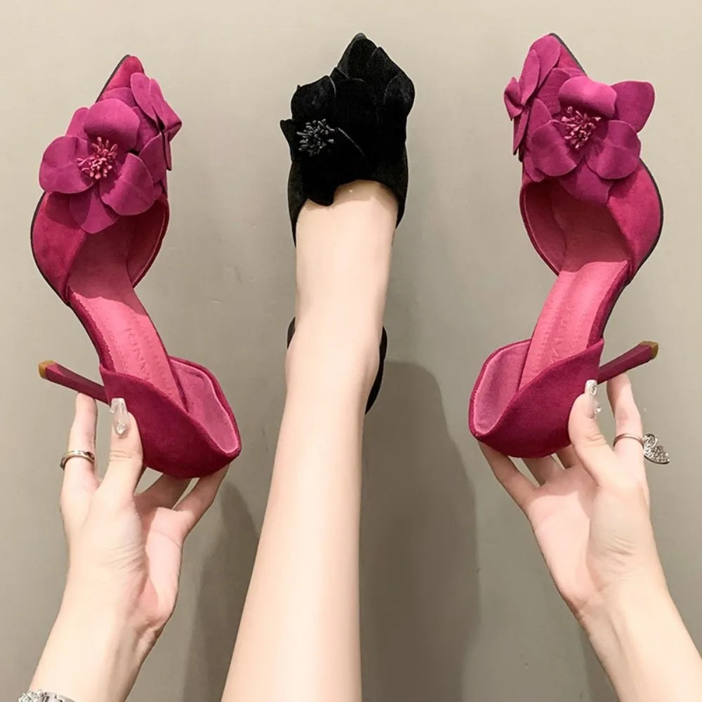 Spring New Women's Single Shoes Pointy Thin Heels with Flowers High Heels Female All-in-one Bag Head Hollow Fashion Shoes Zpaxo